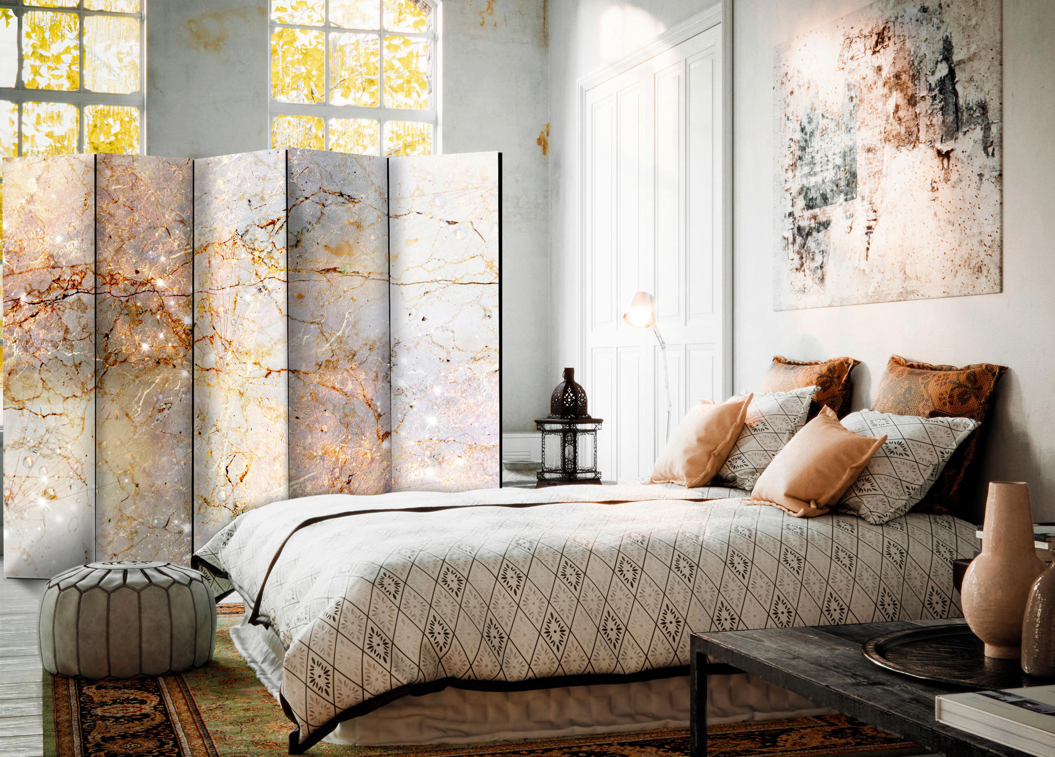 Thumbnail - artgeist Paravent, Beige, Blaugrau, Holz, Textil, Kiefer, massiv, Marmoroptik, 225x172x3 cm, Motiv auf Vorder- und Rücks...