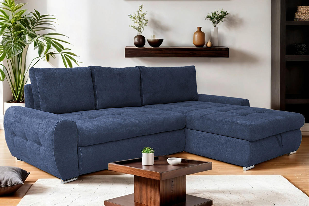 ECKSCHLAFSOFA Velours Dunkelblau  - Chromfarben/Weiss, Design, Kunststoff/Textil (277/175cm) - Livetastic
