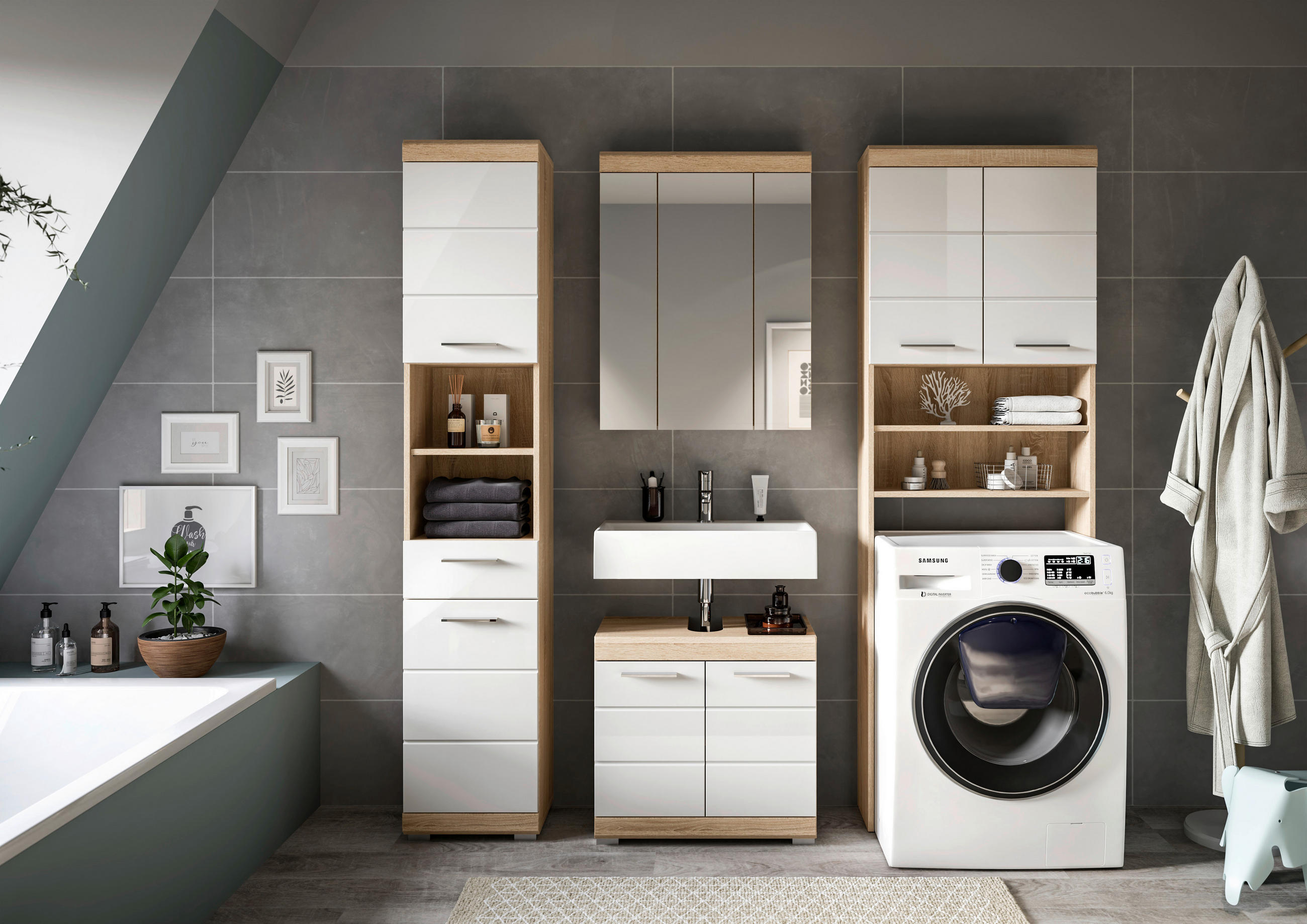 MID.YOU KOUPELNA Sonoma dub, vysoce lesklá bílá