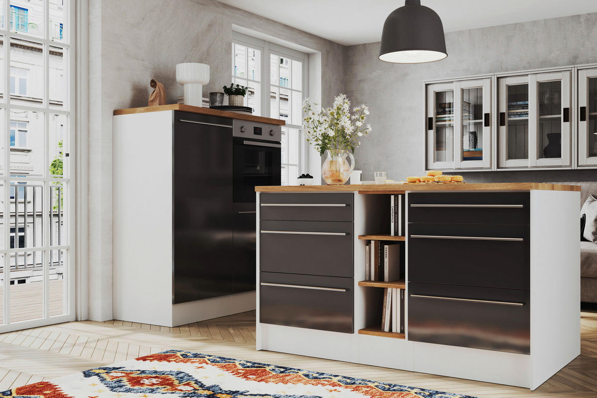 KÜCHENBLOCK 320-150 cm   in Grau Hochglanz  - Wildeiche/Edelstahlfarben, Design, Holzwerkstoff/Kunststoff (320-150cm) - Respekta