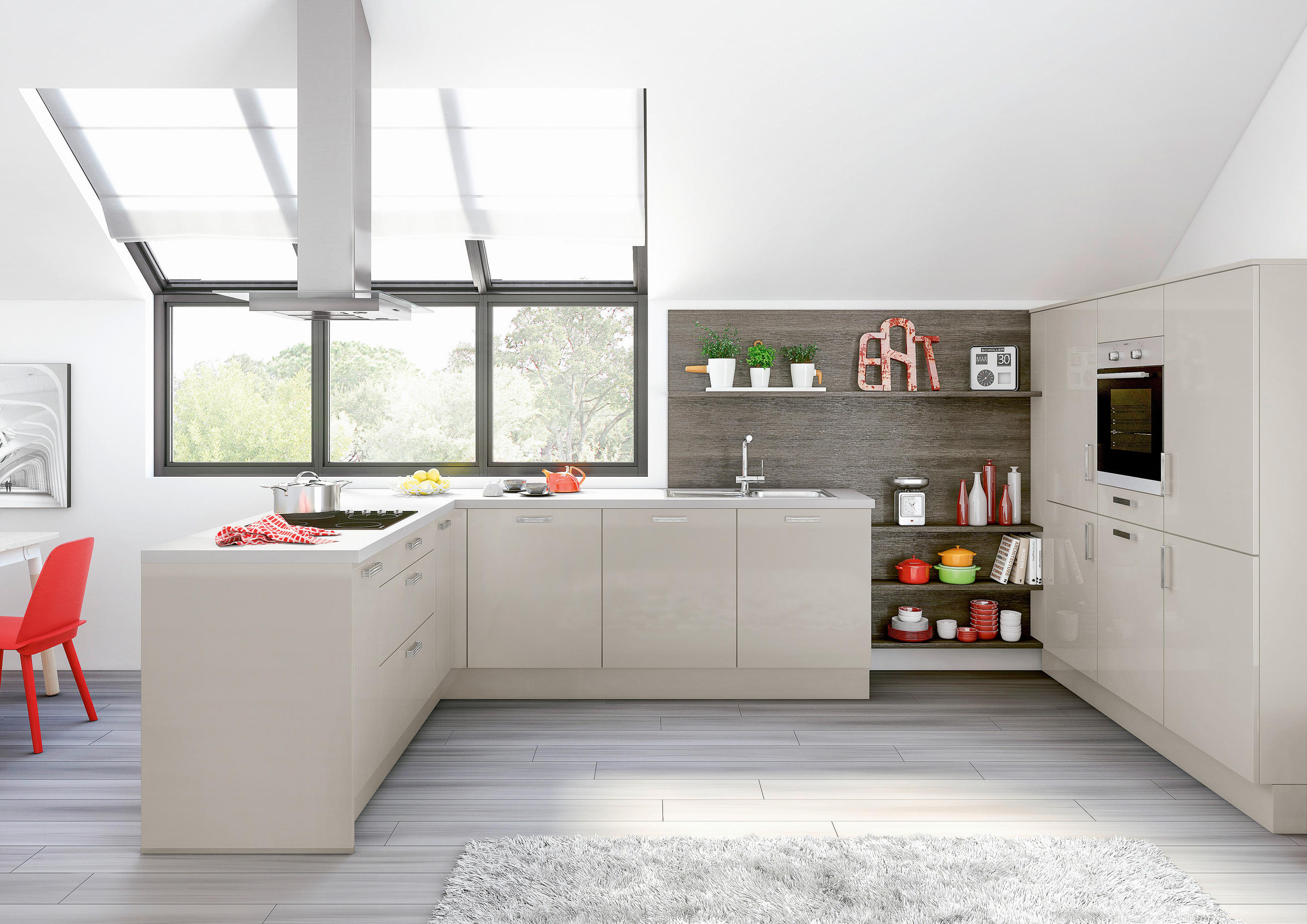 EINBAUKÜCHE   - Greige, Design, Holzwerkstoff - Schüller