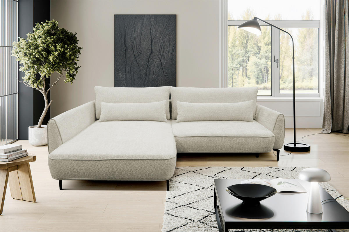 KOTNA SEDEŽNA GARNITURA, bouclé krem barve  - črna/krem barve, Design, kovina/tekstil (204/273cm) - MID.YOU