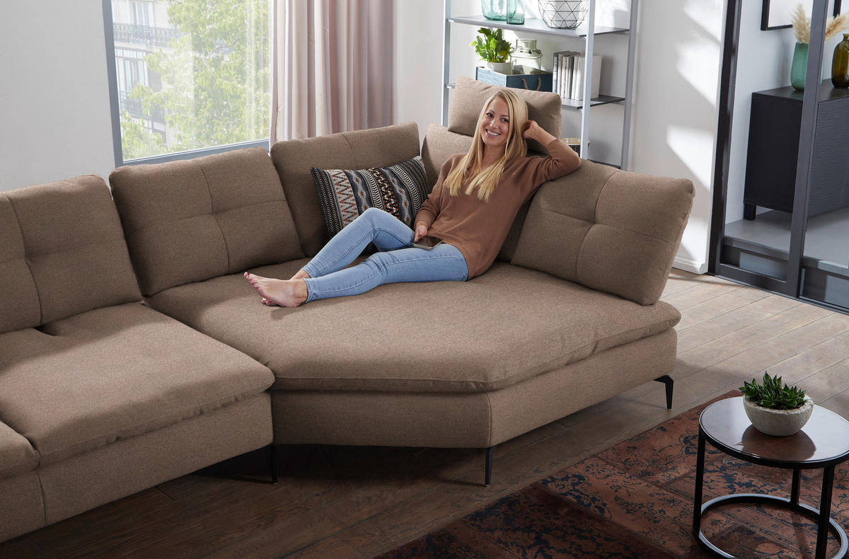 ECKSOFA  in Flachgewebe Graubraun  344/157 cm  - Graubraun/Schwarz, Design, Textil/Metall (344/157cm) - Chilliano