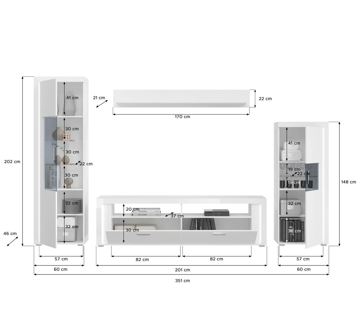 OBÝVACÍ STĚNA, vysoce lesklá bílá - barvy stříbra/vysoce lesklá bílá, Design, kompozitní dřevo/plast (351/202/46cm) - MID.YOU