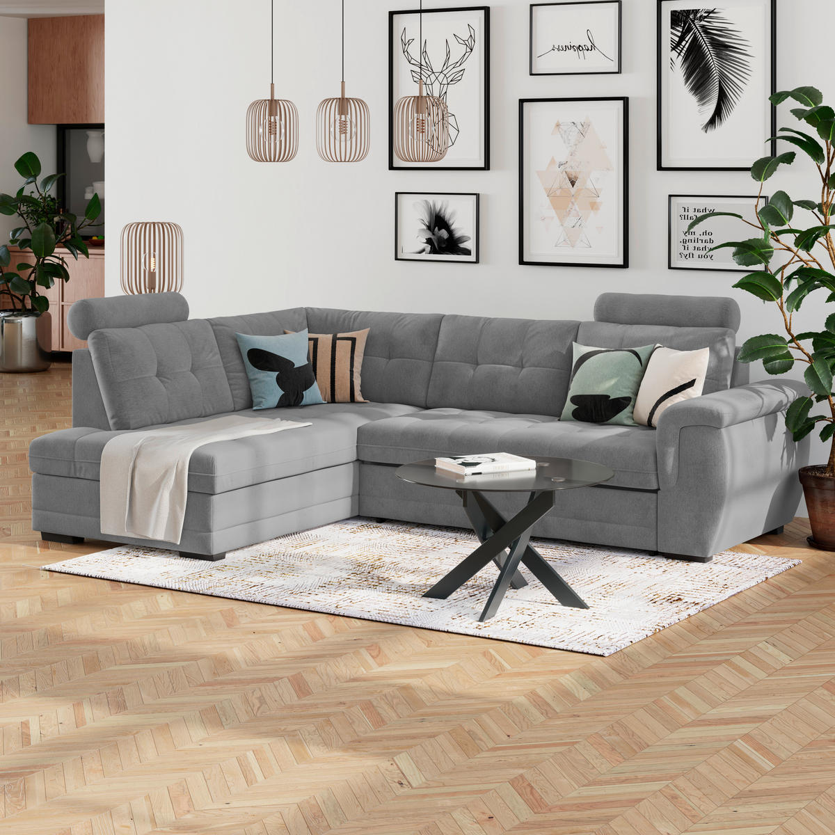 ECKSOFA Grau Mikrofaser, Struktur Bettkasten, Schlaffunktion, Rücken echt, Kopfteilverstellung, Kopfstütze  - Schwarz/Grau, KONVENTIONELL, Kunststoff/Textil (251/183cm) - MID.YOU