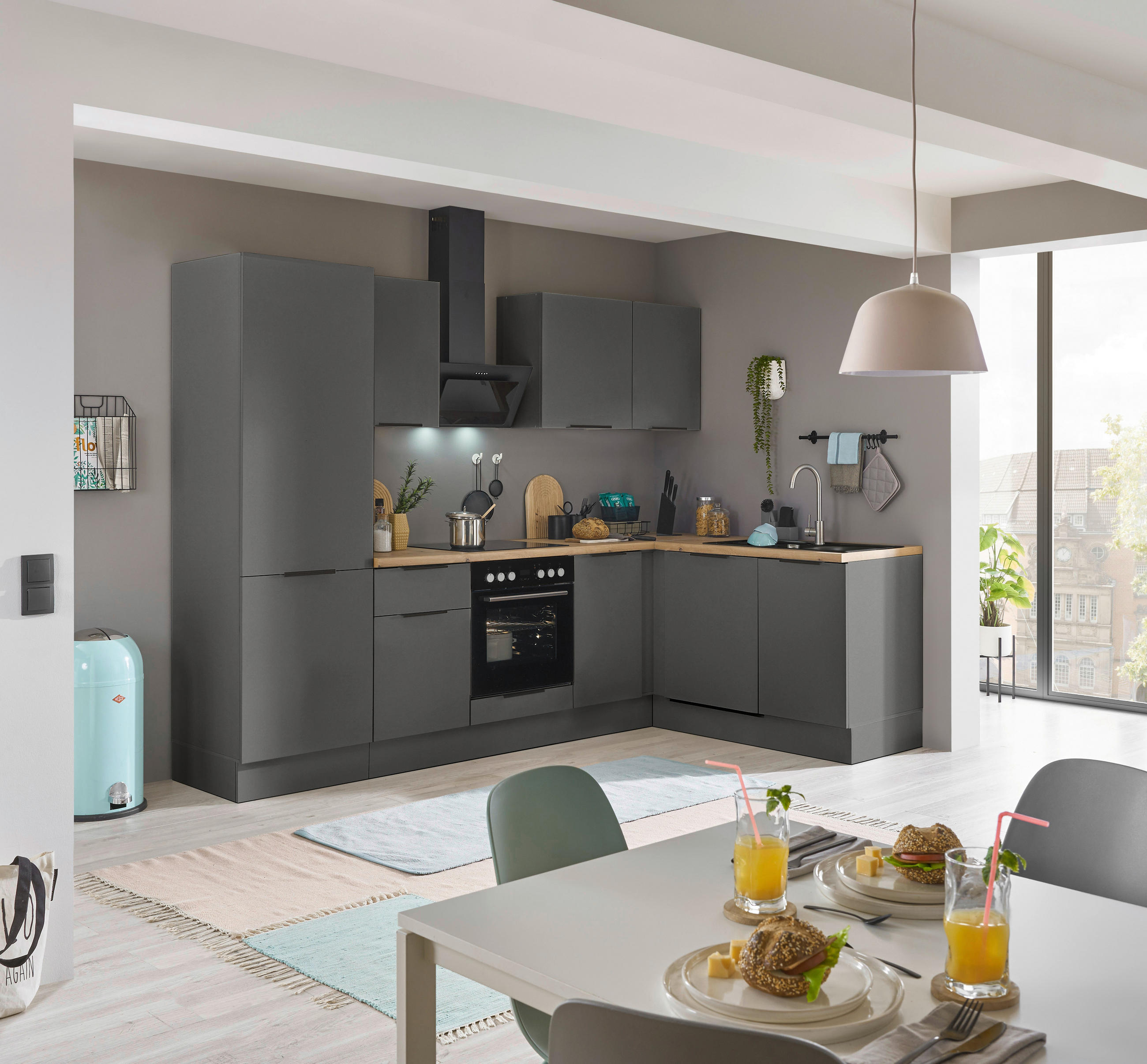 ECKKÜCHE 280/175 cm  in Graphitfarben  - Schwarz/Graphitfarben, Basics, Holzwerkstoff/Metall (280/175cm) - Carryhome