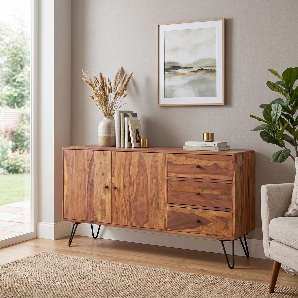 SIDEBOARD  145/75/40 cm 3 Schublade(n)  - Sheeshamfarben/Schwarz, Design, Holz/Metall (145/75/40cm) - MID.YOU