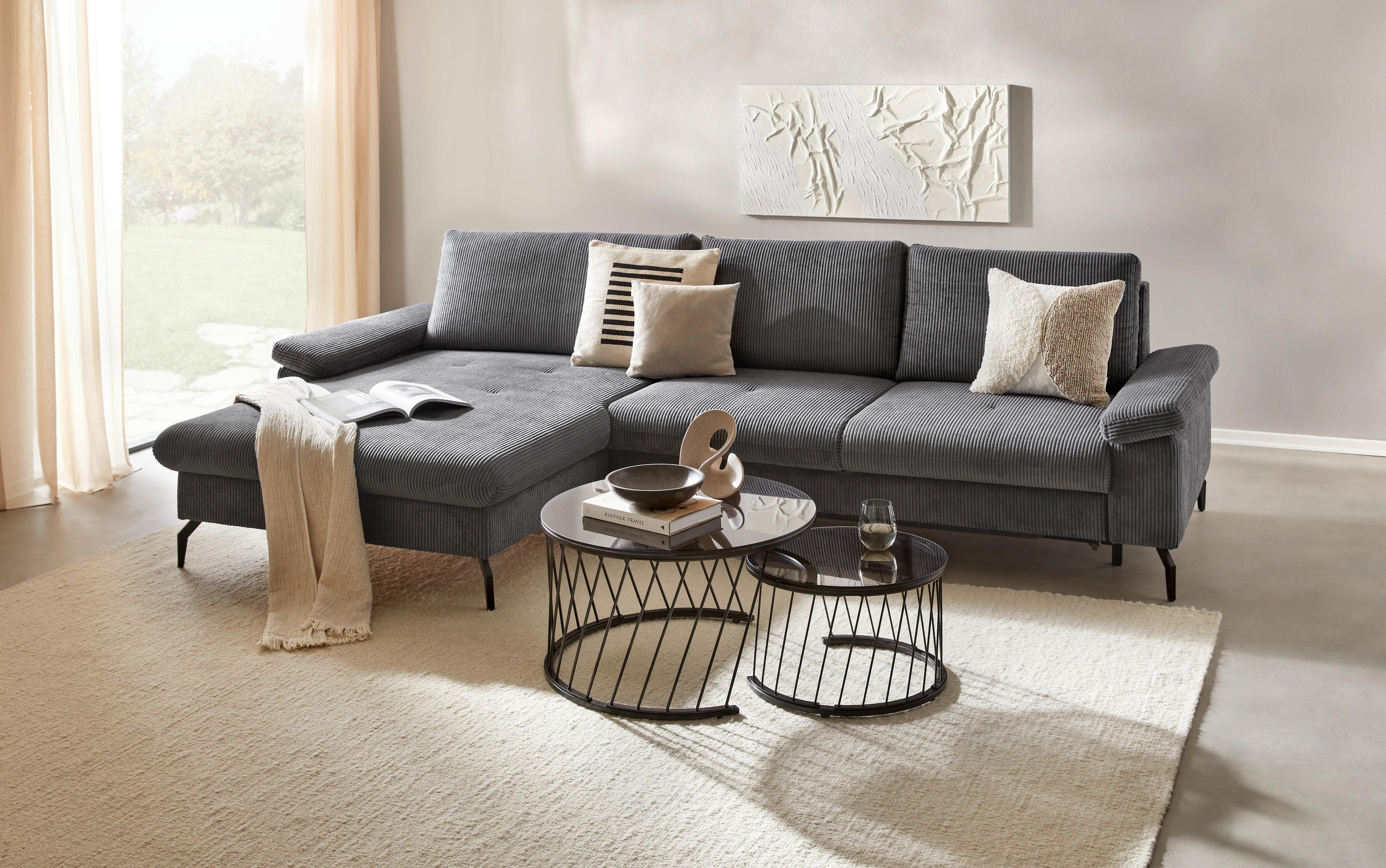 ECKSOFA inkl. Funktion Graphitfarben Cord, Velours  - Schwarz/Graphitfarben, MODERN, Textil/Metall (180/302cm) - Venda