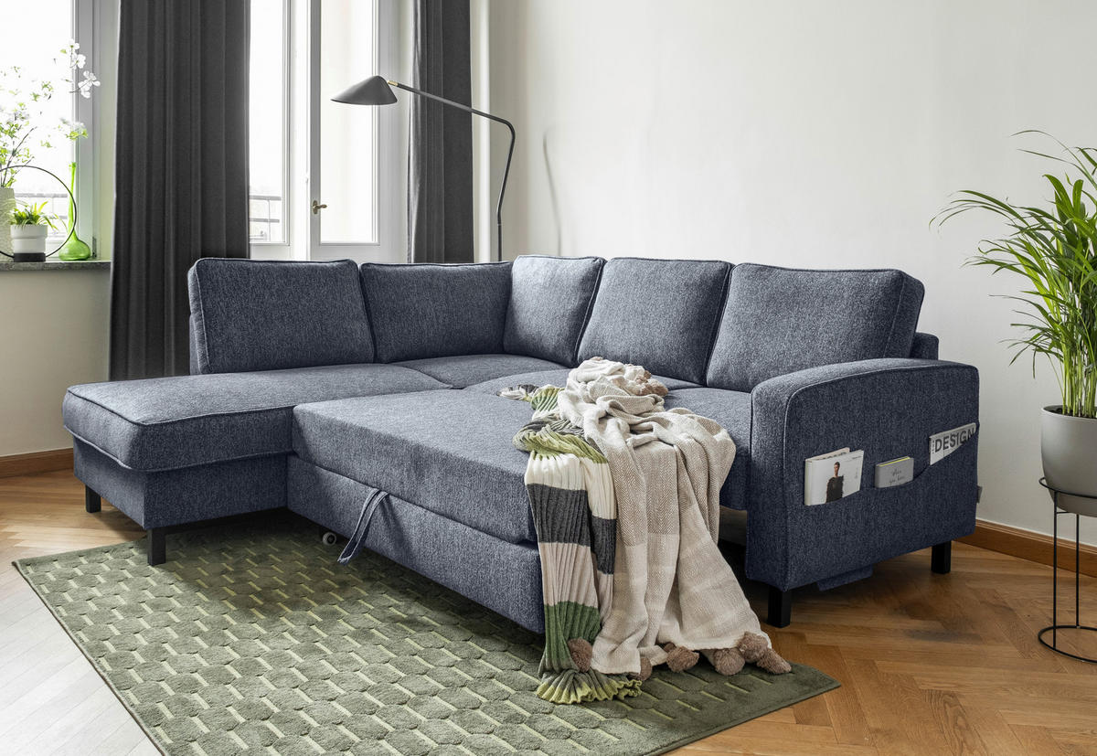 ECKSOFA in Struktur Dunkelblau  - Schwarz/Dunkelblau, Holz/Textil (198/233cm) - MID.YOU