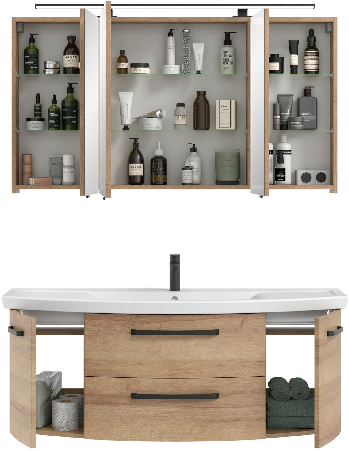 BADEZIMMER 3-teilig  in 135 cm  - Eichefarben/Schwarz, MODERN, Glas/Keramik (135cm) - Sadena