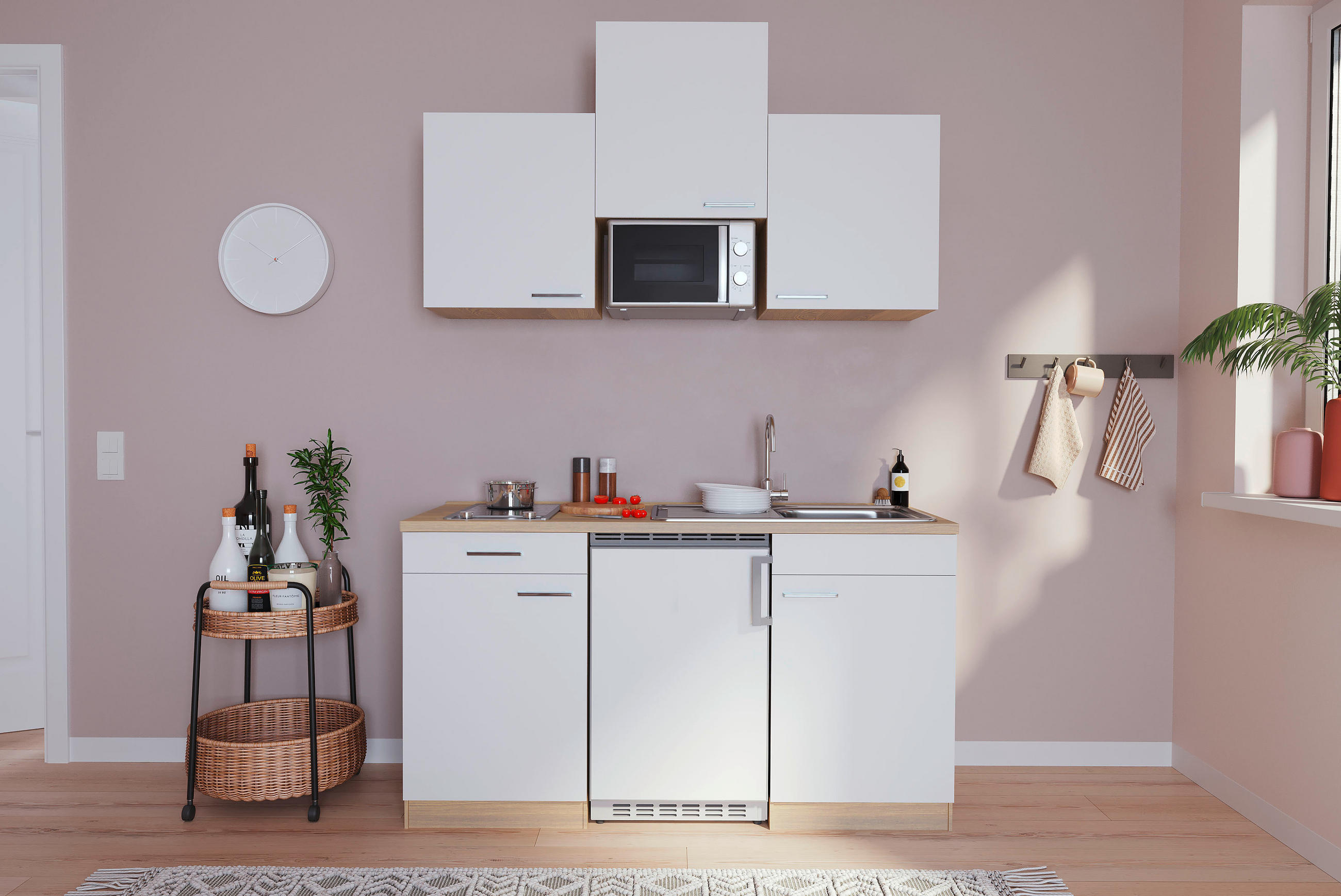 MINIKÜCHE 150 cm   in Weiß, Eichefarben  - Eichefarben/Weiß, Basics, Holzwerkstoff (150cm) - Respekta