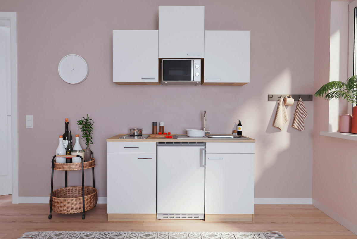 MINIKÜCHE 150 cm   in Weiss, Eichefarben  - Weiss/Eichefarben, Basics, Holzwerkstoff (150cm) - Respekta