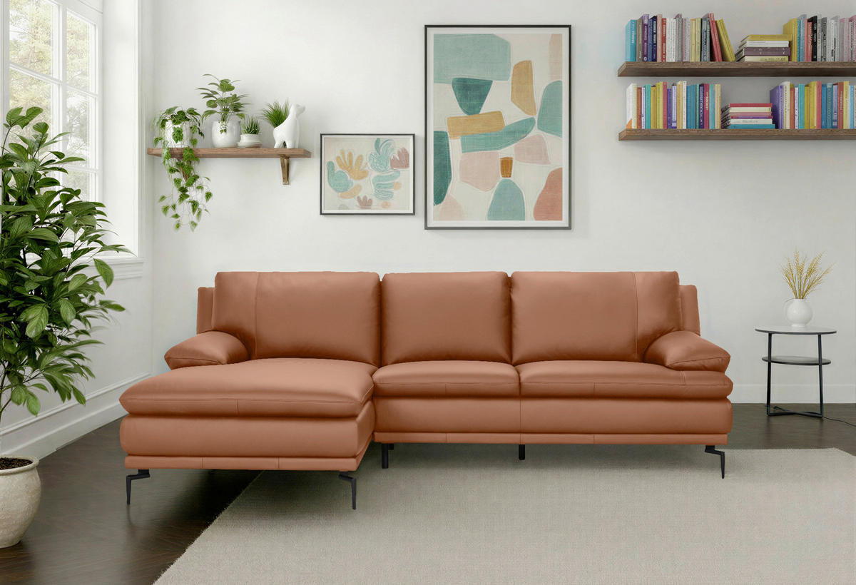 ECKSOFA Cognac Echtleder  - Cognac/Schwarz, Design, Leder (158/248cm) - MID.YOU