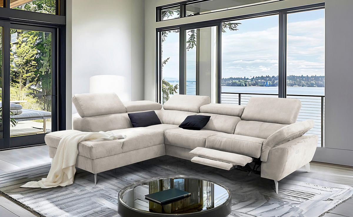 ECKSOFA SONO in Lederlook Hellgrau Armteilverstellung, Kopfteilverstellung  210/265 cm  - Chromfarben/Hellgrau, Design, Textil/Metall (210/265cm) - Livetastic