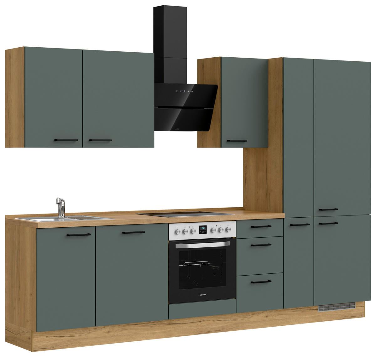 KÜCHENBLOCK 300 cm   in Eichefarben, Dunkelgrün  - Dunkelgrün/Eichefarben, MODERN, Holzwerkstoff/Metall (300cm) - Nobilia