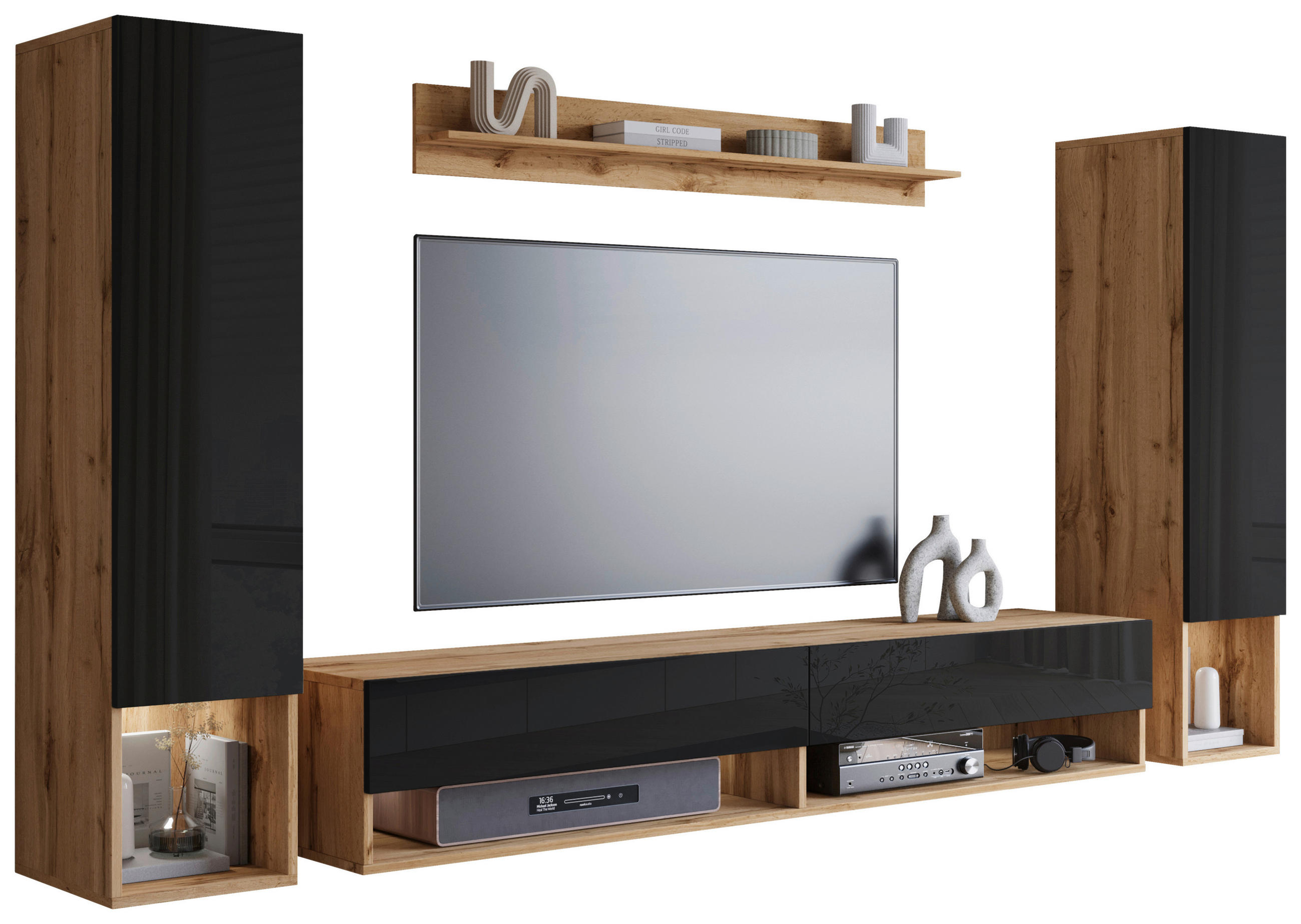 P & B OBÝVACÍ STĚNA dub wotan, vysoce lesklá černá