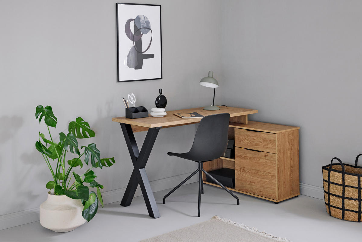 ECKSCHREIBTISCH 140/95/76 cm  in Eichefarben  - Eichefarben/Schwarz, Modern, Holzwerkstoff/Metall (140/95/76cm) - Livetastic