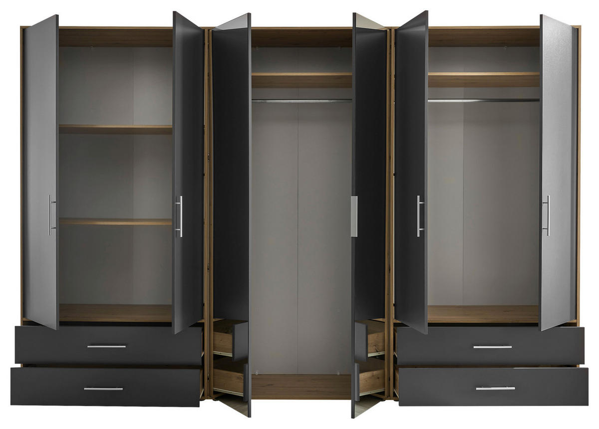 KLEIDERSCHRANK 305/207/58 cm 6-türig Graphitfarben, Eiche Artisan  - Alufarben/Graphitfarben, KONVENTIONELL, Glas/Holzwerkstoff (305/207/58cm) - Boxxx