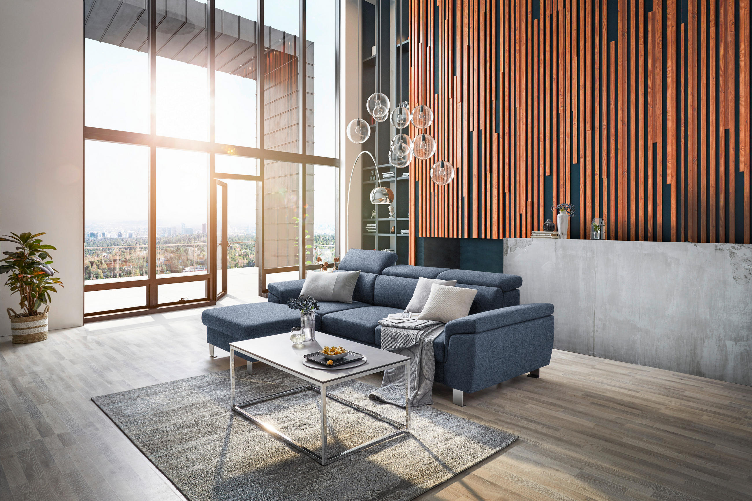ECKSOFA inkl. Funktionen Blau Webstoff  - Blau/Silberfarben, Design, Textil/Metall (167/250cm) - Xora