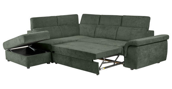 ECKSOFA Dunkelgrün Flachgewebe Bettkasten, Schlaffunktion, Rücken echt, Liegefläche im Originalstoff  - Dunkelgrün/Schwarz, KONVENTIONELL, Kunststoff/Textil (235/280cm) - Carryhome