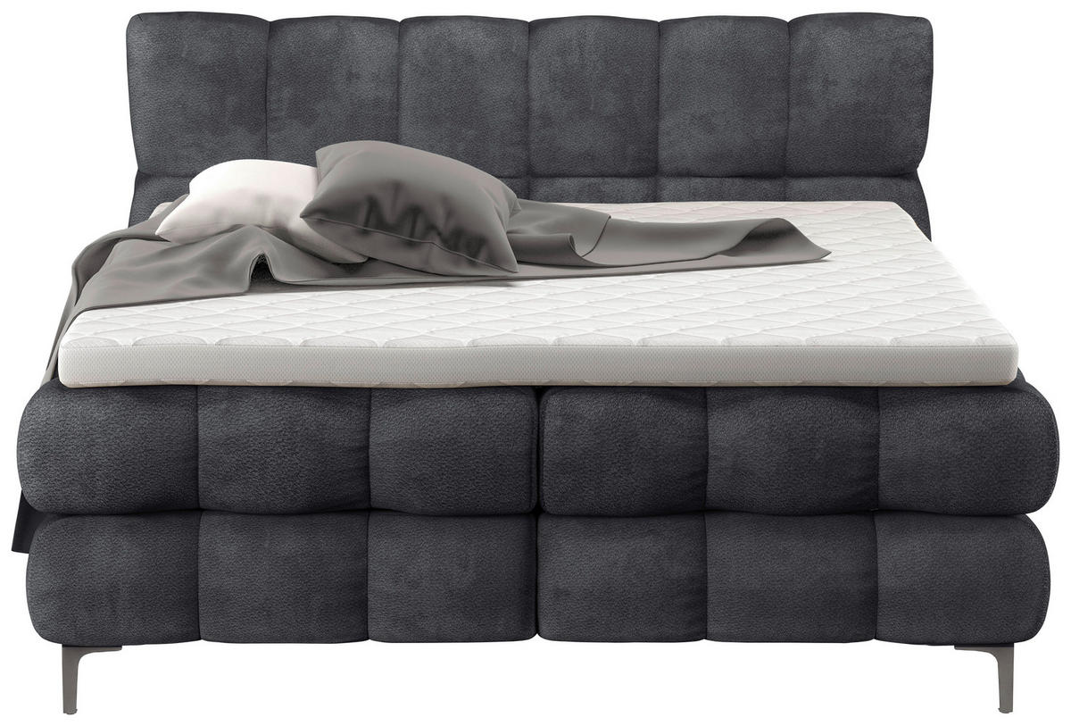 BOXBETT 180/200 cm,  in Anthrazit, gepolstertes Kopfteil, Bettkasten, Topper, H3 + H3 = fest  - Anthrazit/Schwarz, Design, Textil/Metall (180/200cm) - Ti'me