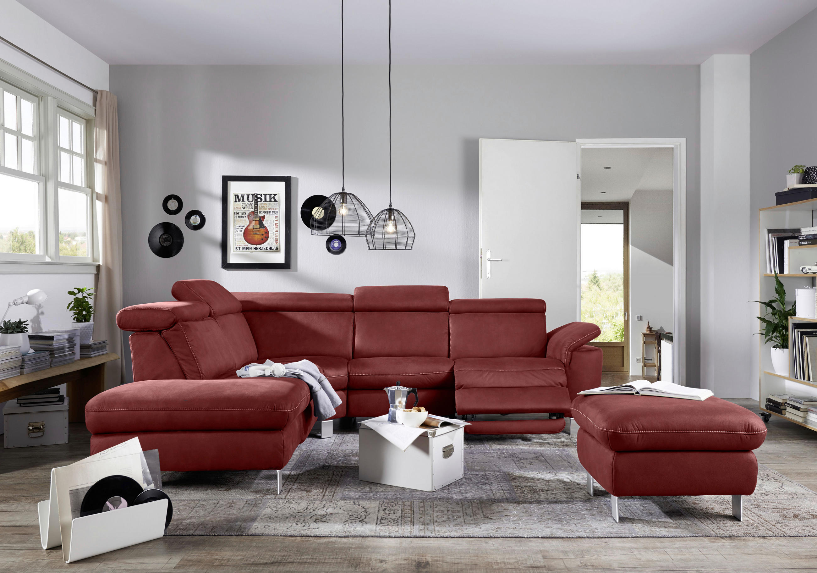 ECKSOFA in Flachgewebe, Mikrofaser Bordeaux  - Bordeaux/Beige, Design, Textil/Metall (239/271cm) - Cantus