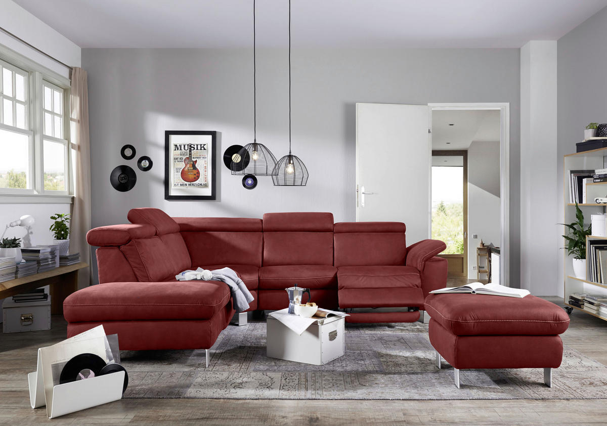 ECKSOFA in Flachgewebe, Mikrofaser Bordeaux  - Bordeaux/Beige, Design, Textil/Metall (239/271cm) - Cantus