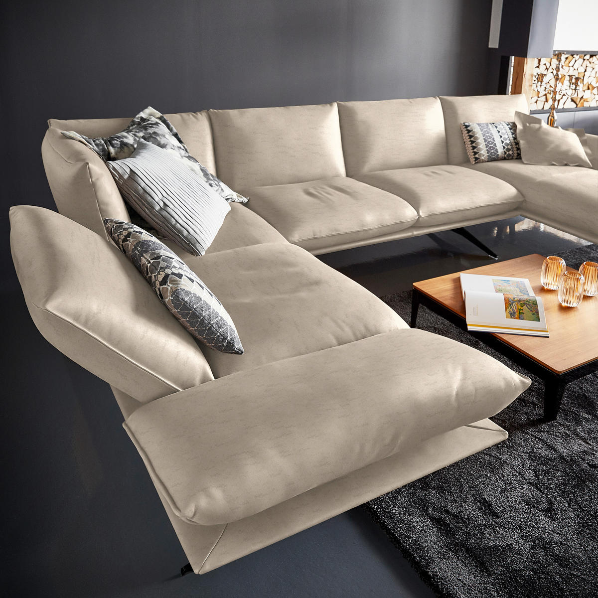 WOHNLANDSCHAFT in Echtleder Sandfarben  - Sandfarben/Schwarz, Natur, Leder/Metall (217/359/155cm) - Dieter Knoll
