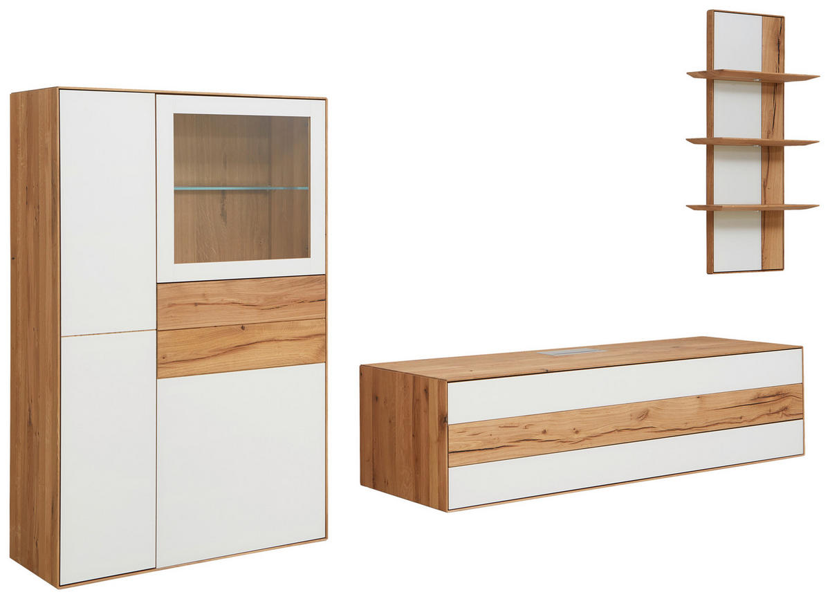 WOHNWAND Solida  in Weiß, Eichefarben  341/205,5/54,2 cm  - Eichefarben/Weiß, Design, Glas/Holz (341/205,5/54,2cm) - Valnatura