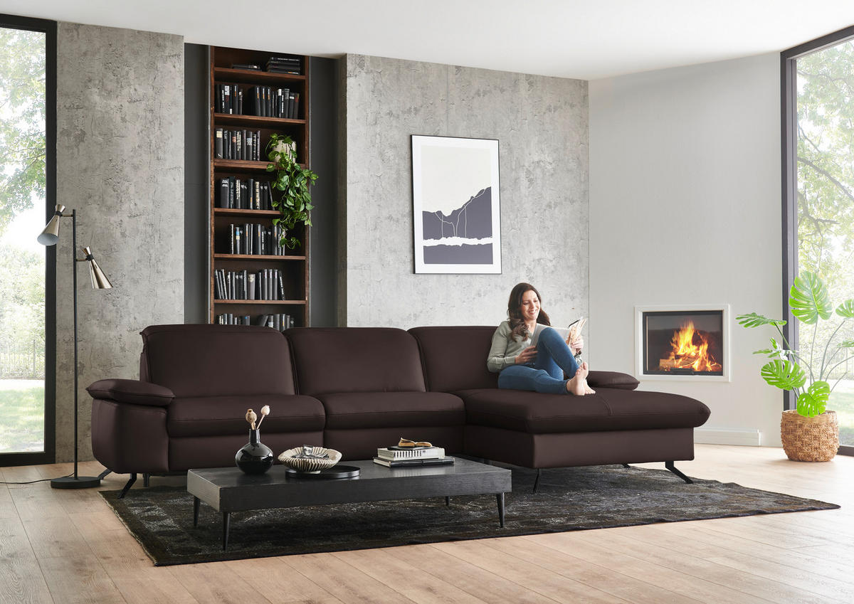 ECKSOFA  Echtleder Braun  - Schwarz/Braun, Design, Leder/Metall (307/169cm) - Beldomo Premium