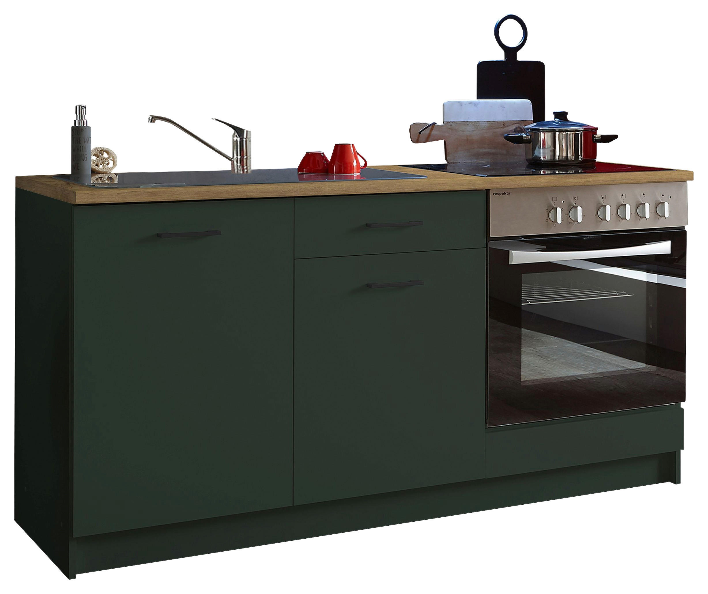 KÜCHENLEERBLOCK 160 cm in Grün, Eichefarben - Eichefarben/Schwarz, KONVENTIONELL, Holzwerkstoff/Kunststoff (160cm) - Carryhome
