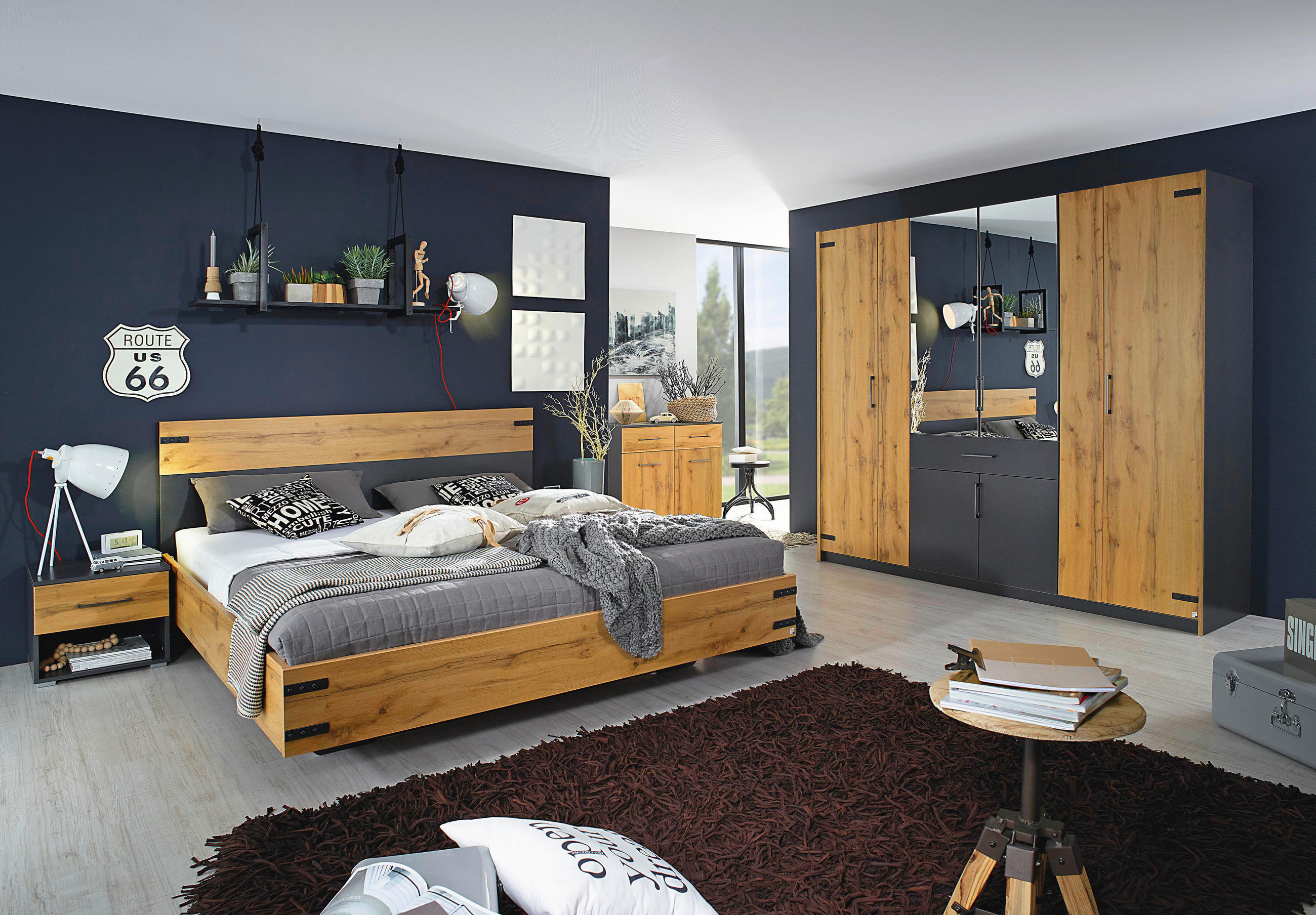 Rauch Möbel Bett Dunkelgrau, Eiche Artisan 180x200 cm