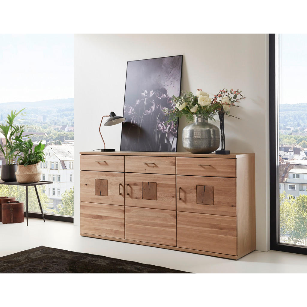 Thumbnail - Livetastic Sideboard, Alteiche, Metall, Eiche, massiv, 3 Fächer, 3 Schubladen, 180x91x43.8 cm, Made in EU, Beimöbel erhä...