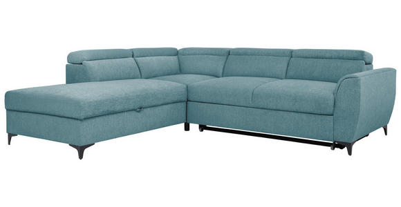 ECKSOFA Petrol Velours Bettkasten, Schlaffunktion, Rücken echt, Kopfteilverstellung, Liegefläche im Originalstoff  - Petrol/Schwarz, KONVENTIONELL, Textil/Metall (217/255cm) - Carryhome