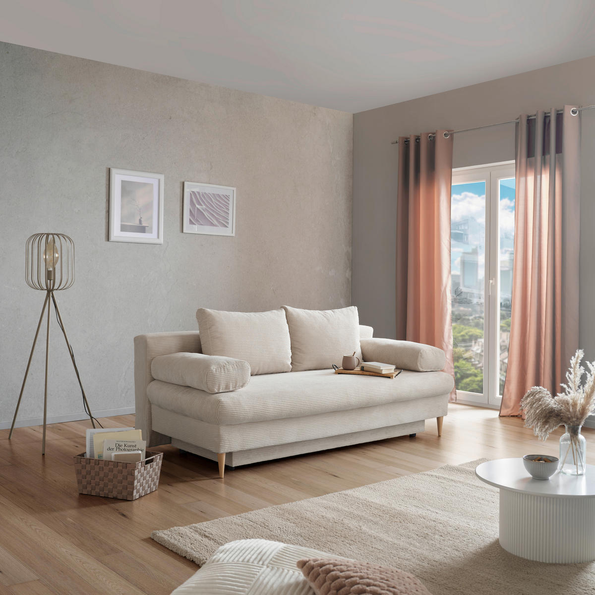 Canapea Extensibilă, lemn, plastic, textil, bej - bej/culoare natur, Modern, plastic/lemn (200/95/95cm) - Carryhome