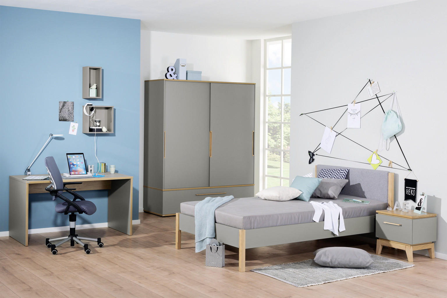 BETT STEN massiv 120/200 cm Grau, Eichefarben - Einrichtungsbeispiel