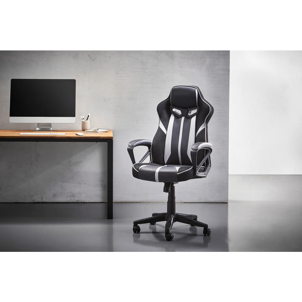 Thumbnail - Mid.you Gamingstuhl, Schwarz, Silber, Metall, Kunststoff, Textil, Füllung: Schaumstoff, Drehkreuz, 64x122x64 cm, Sitzflä...