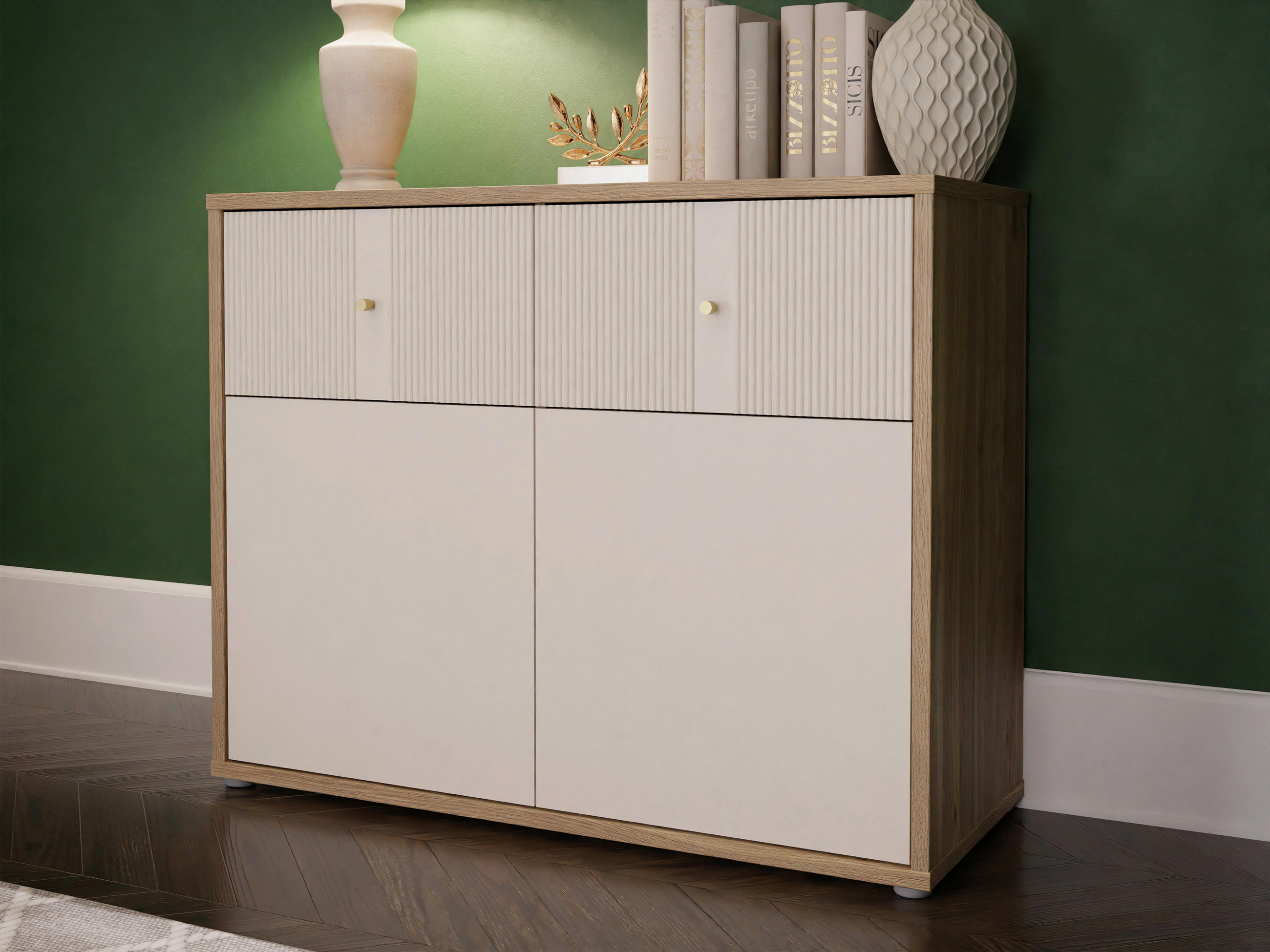 COMODĂ CU UȘI 104,5/83,1/42 cm  - auriu/culoare lemn stejar, Design, metal/material pe bază de lemn (104,5/83,1/42cm) - Xora
