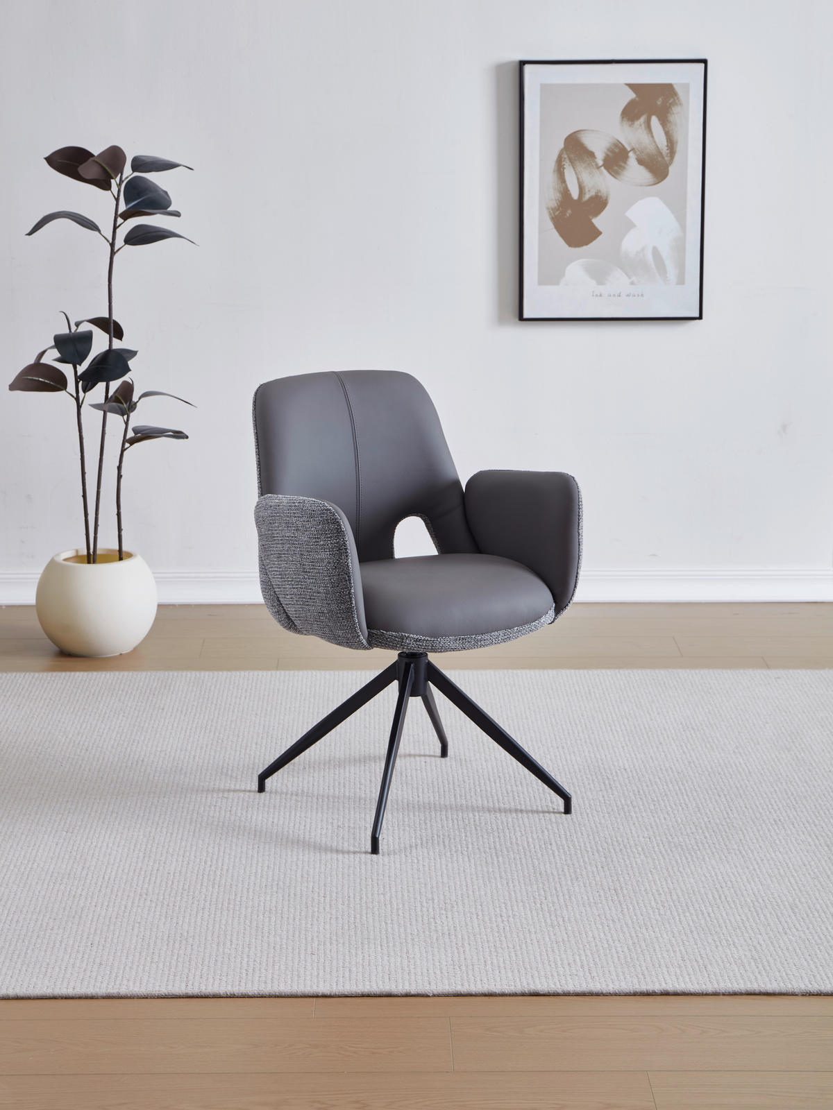 ARMLEHNSTUHL  Sitzfläche 360° drehbar, automatische Rückholfunktion Leinenoptik Echtleder  - Anthrazit/Schwarz, Design, Leder/Textil (60/85/62cm) - Dieter Knoll