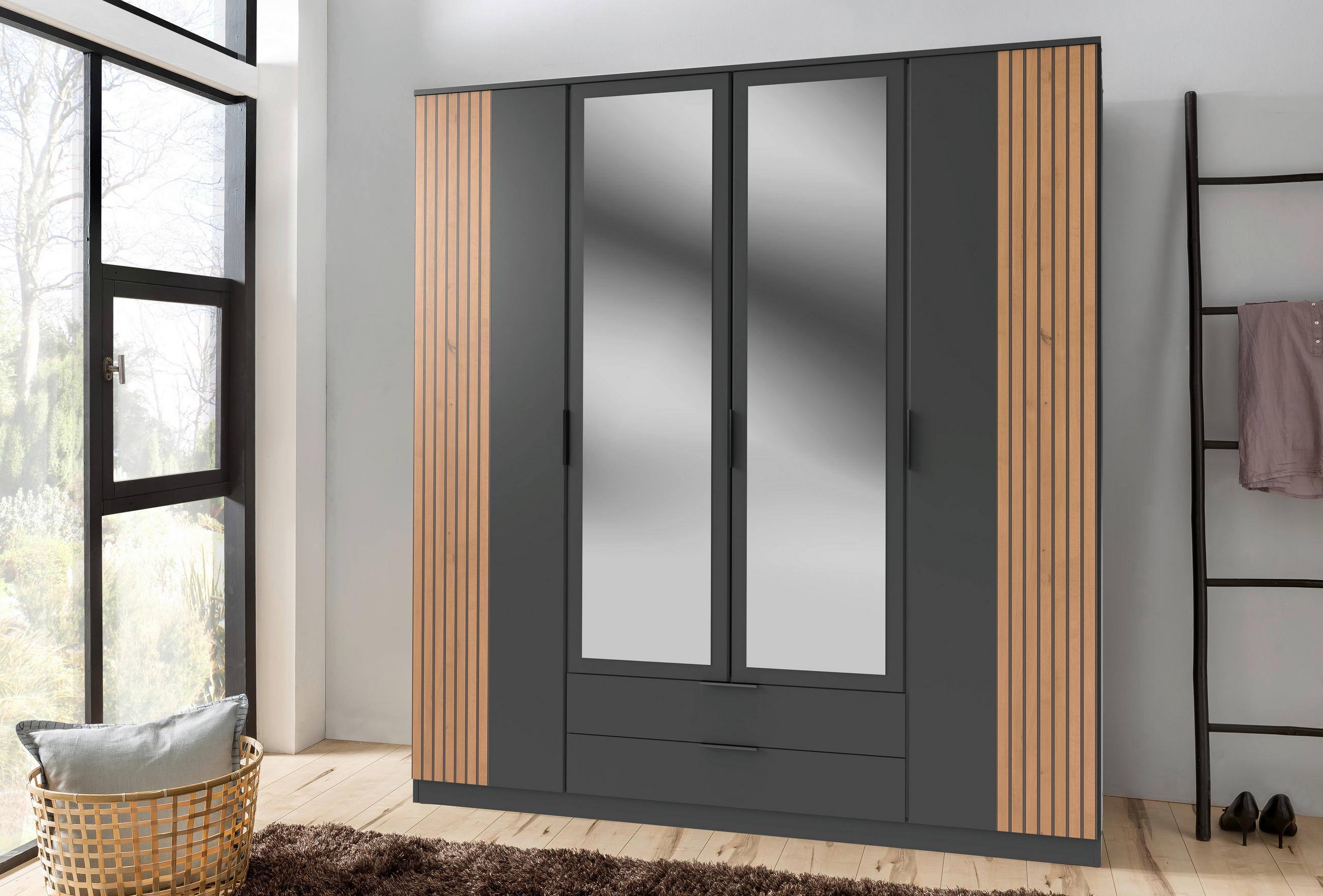 KLEIDERSCHRANK 4-türig Graphitfarben, Eiche Artisan  - Schwarz/Graphitfarben, KONVENTIONELL, Glas/Holzwerkstoff (180/199/58cm) - Boxxx