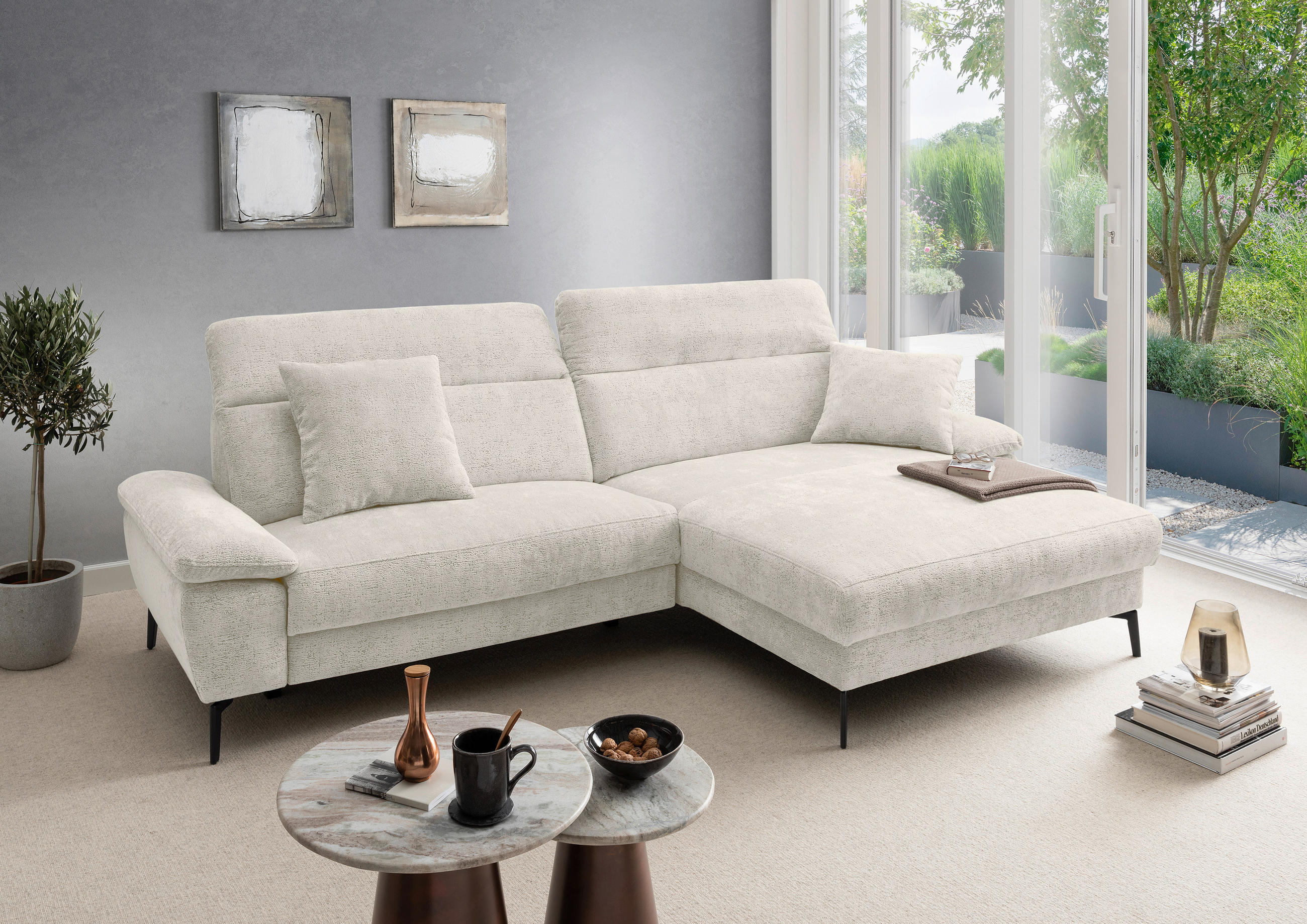 ECKSOFA CANCELLI in Struktur Creme  300/178 cm  - Creme/Schwarz, KONVENTIONELL, Textil/Metall (300/178cm) - Livetastic