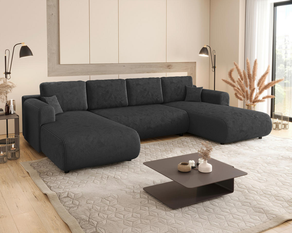 Wohnlandschaft inkl. Funktion Anthrazit Cord  - Anthrazit/Schwarz, KONVENTIONELL, Textil (200/360/200cm) - Xora