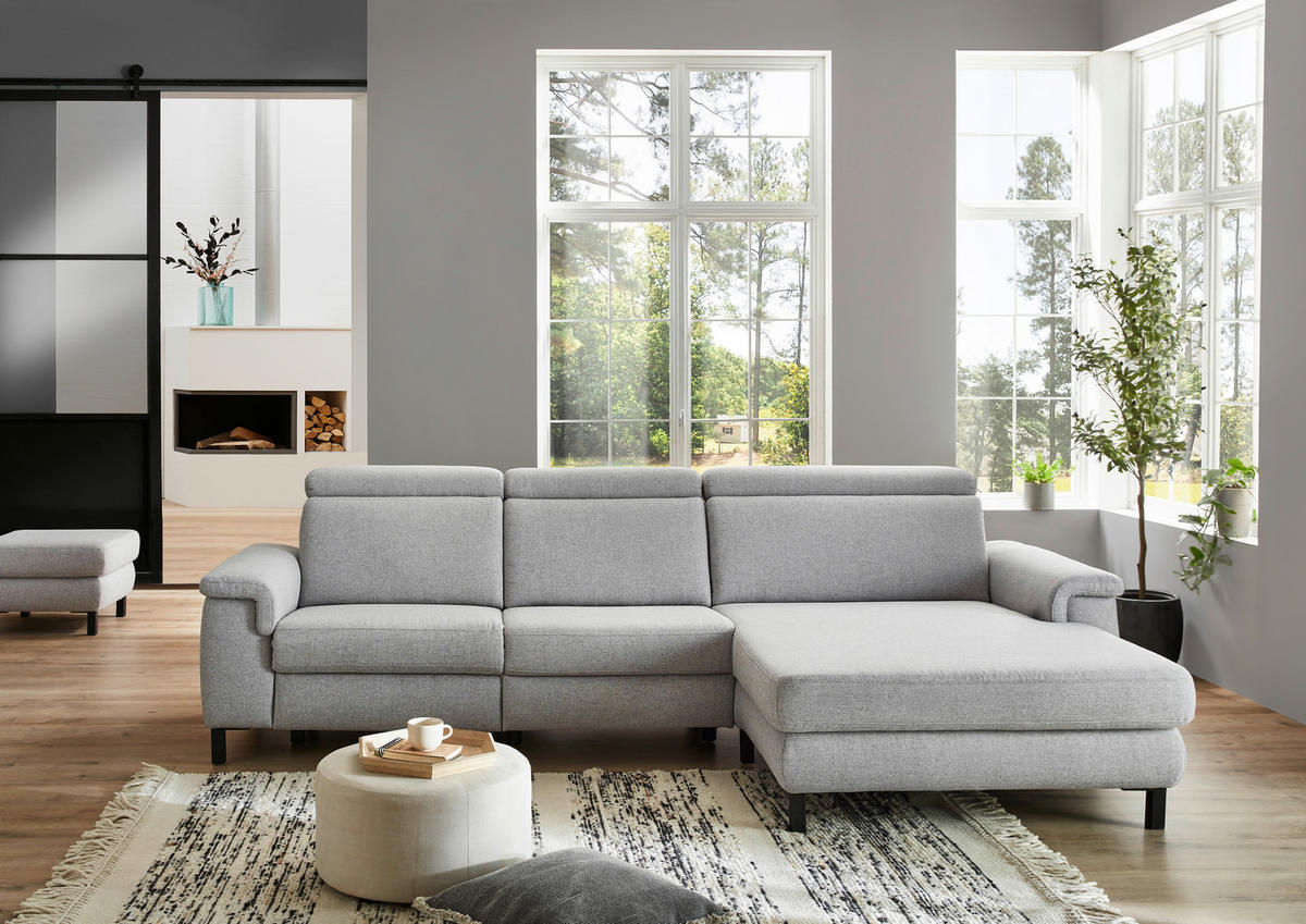 ECKSOFA in Flachgewebe Hellgrau  - Hellgrau/Schwarz, Konventionell, Textil/Metall (304/182cm) - Pure Home Comfort