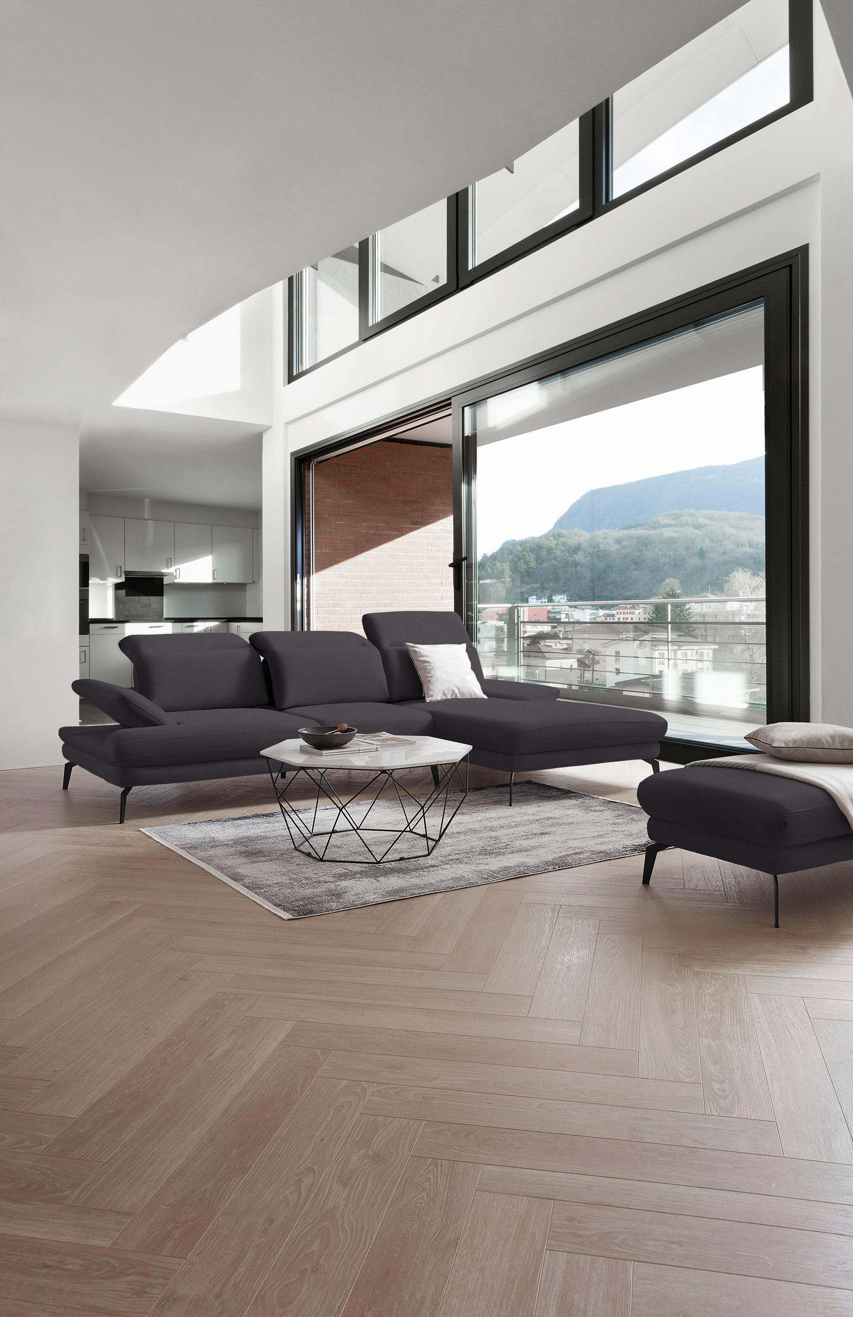 ECKSOFA in Flachgewebe Dunkelgrau  - Dunkelgrau/Schwarz, Design, Textil/Metall (289/180cm) - Stylife