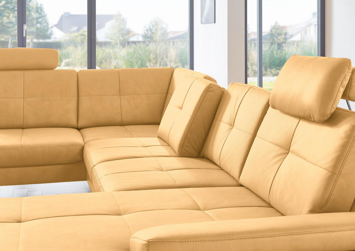 WOHNLANDSCHAFT in Lederlook, Mikrofaser Gelb  - Gelb/Schwarz, Design, Textil/Metall (220/345cm) - Beldomo System