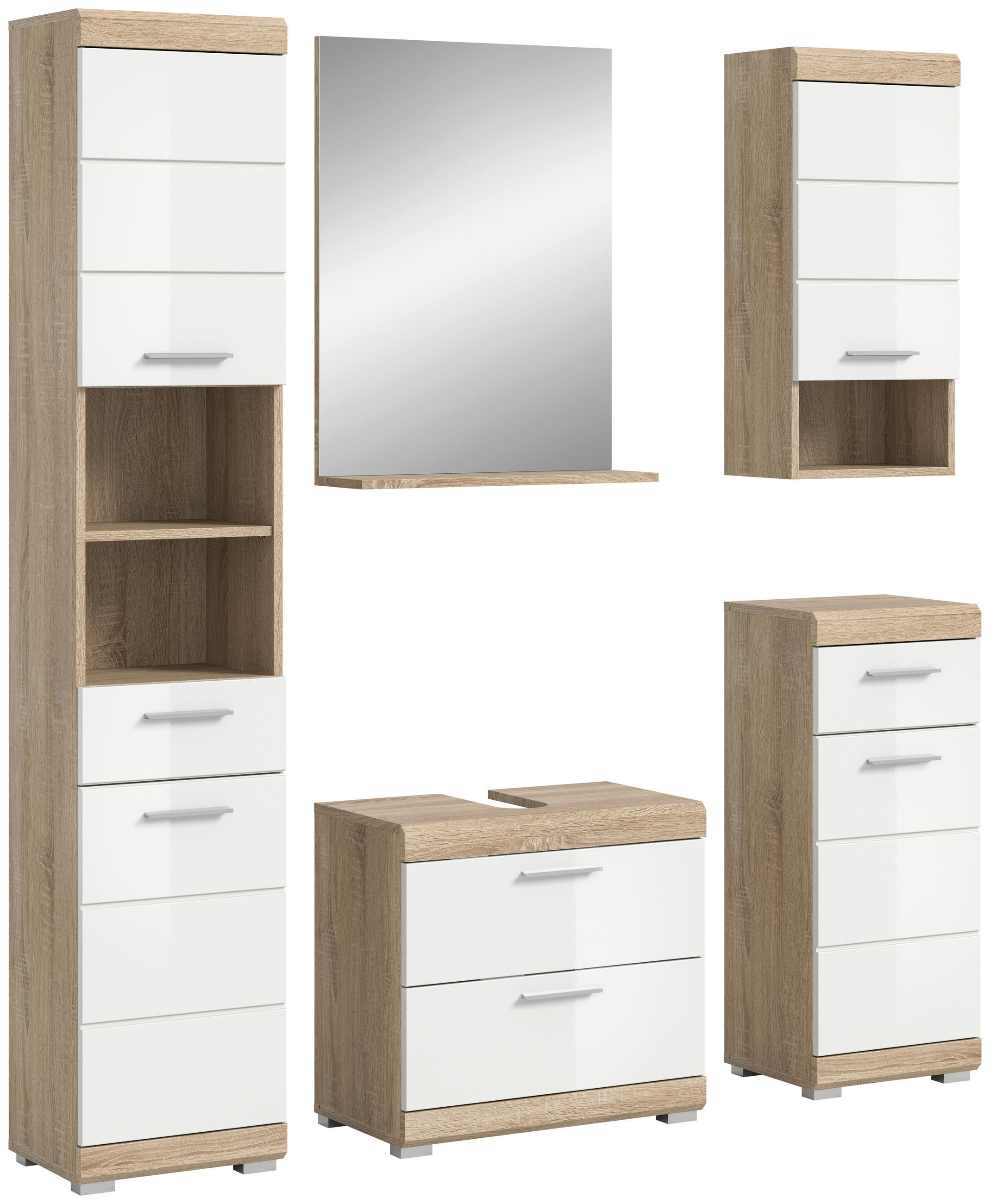 BADEZIMMER 5-teilig  in 134 cm  - Weiß Hochglanz/Silberfarben, MODERN, Glas/Holzwerkstoff (134cm) - MID.YOU