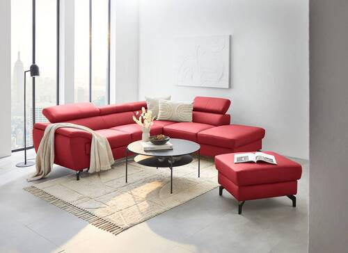 Thumbnail - Celina Home Ecksofa, Rot, Leder, Echtleder, Rindleder, 5-Sitzer, Ottomane rechts, L-Form, 256x220 cm, Made in EU, Fußaus...