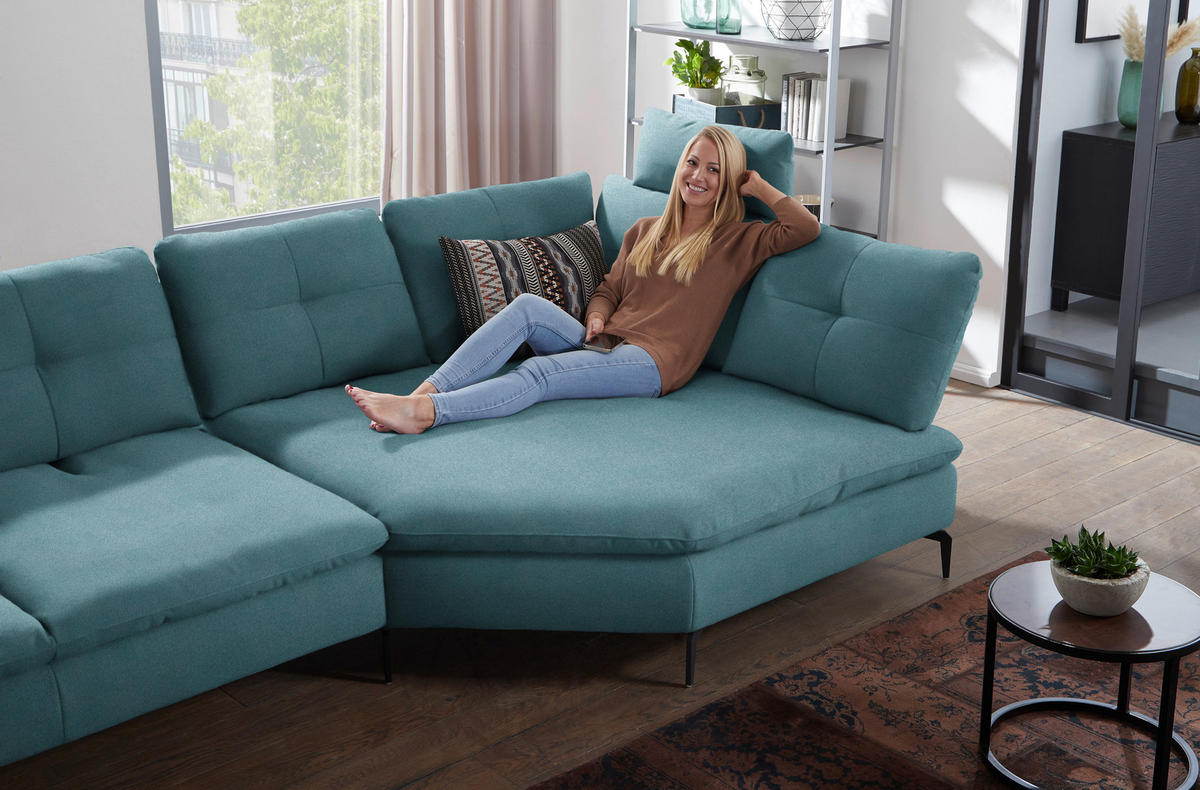 ECKSOFA in Flachgewebe Hellblau  344/157 cm  - Schwarz/Hellblau, Design, Textil/Metall (344/157cm) - Chilliano