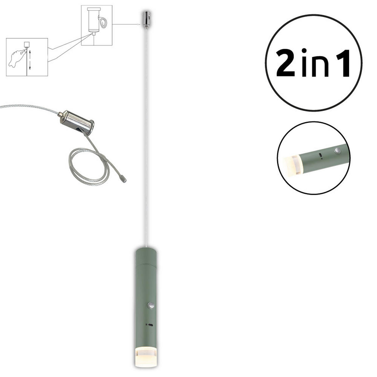 AKKU-LED-HÄNGELEUCHTE Nowa 3,8/120 cm   - Klar/Grün, Basics, Kunststoff/Metall (3,8/120cm) - Novel