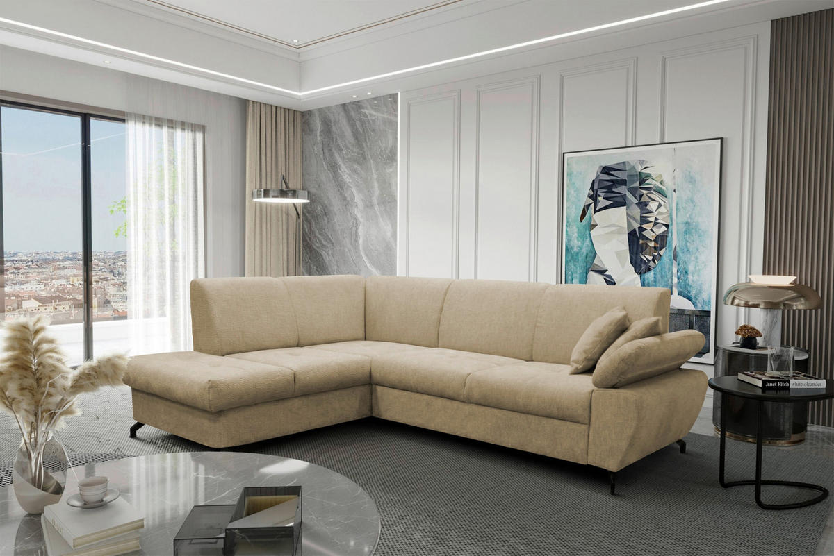 ECKSOFA CORA in Chenille Beige  198/261 cm  - Beige/Schwarz, Design, Textil/Metall (198/261cm) - MID.YOU